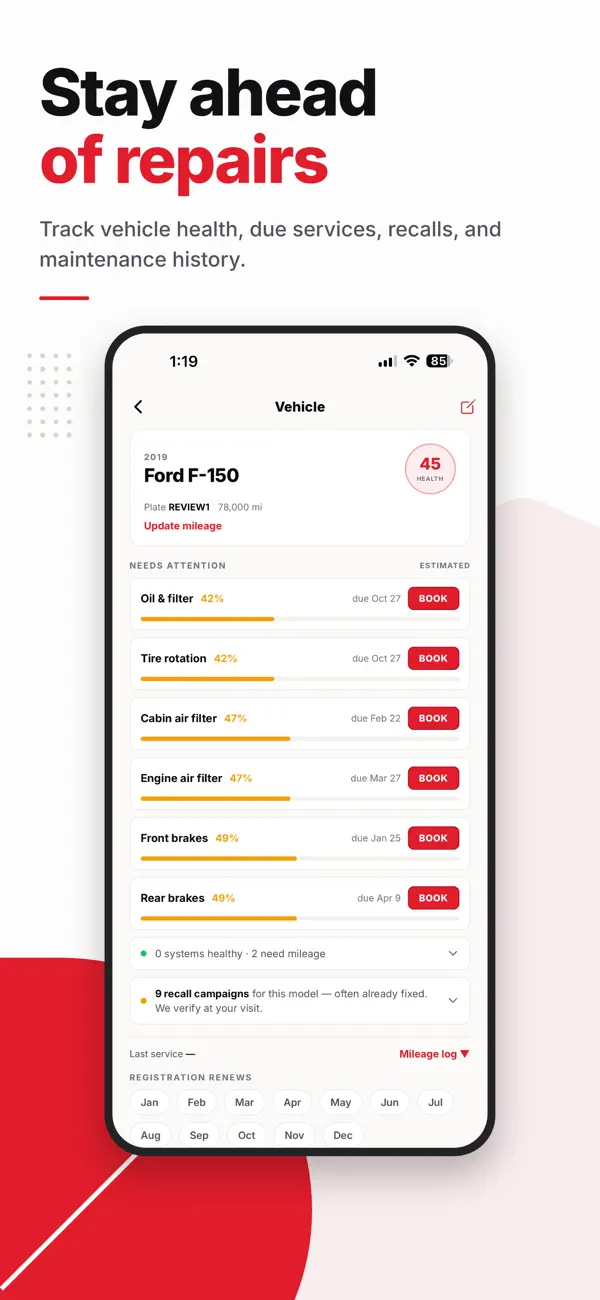QuickFix App Store screenshot showing a vehicle’s maintenance estimates, service needs, recall notices, and registration reminders