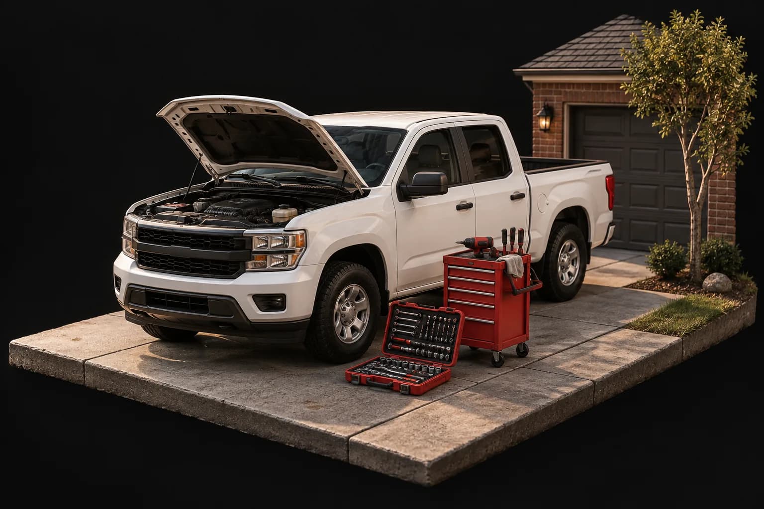 Illustrated driveway workshop: white pickup with its hood open beside red mechanic tools